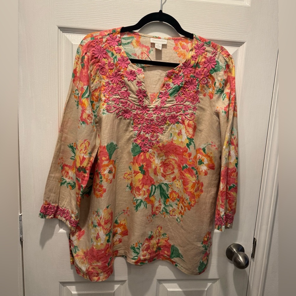 Charter Club Pink Floral Embroidered Tunic